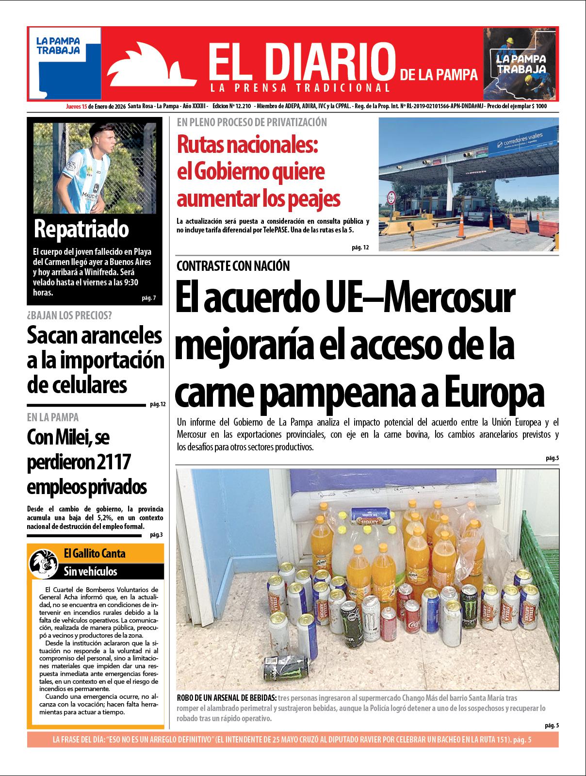 Tapa de El Diario en papel  jueves 15 de enero de 2026